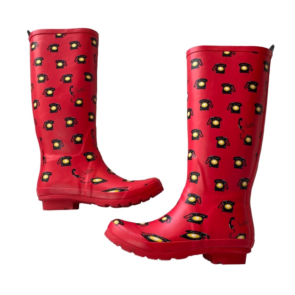 Anthropologie 52 Conversations “Call Me” Red Phone Rubber Rain Boots Size 8